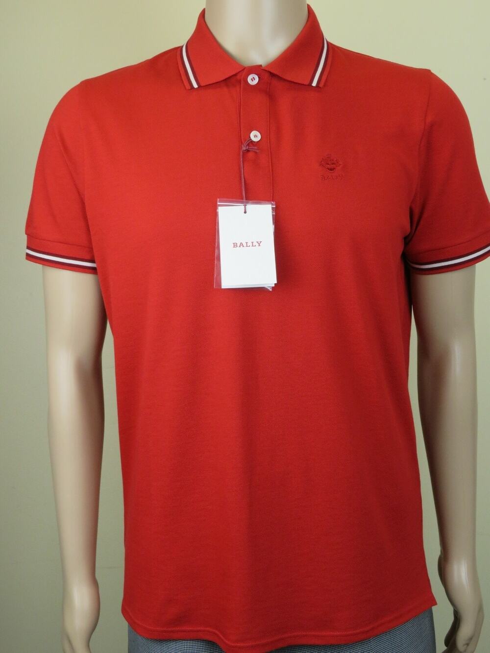 NEW BALLY RED COTTON PIQUET WEB COLLAR BUTTON LOGO POLO SHIRT 40 50